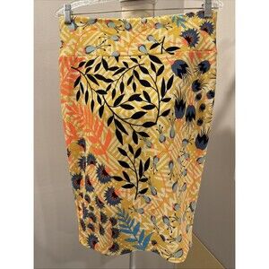 LULAROE CASSIE Pencil Skirt Size Medium Yellow Blue Floral Pansy Peony